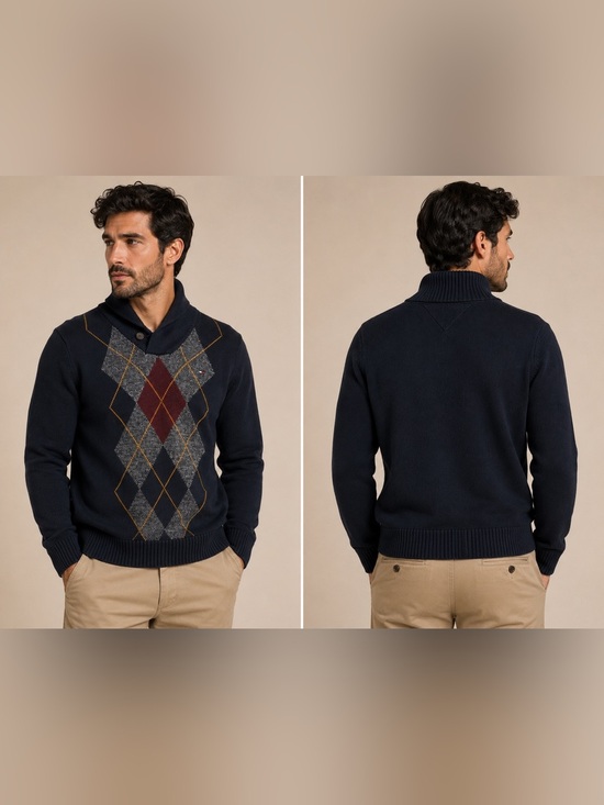 Tommy Hilfiger Other - Tommy Hilfiger Argyle Shawl Collar Sweater Men's Large Navy